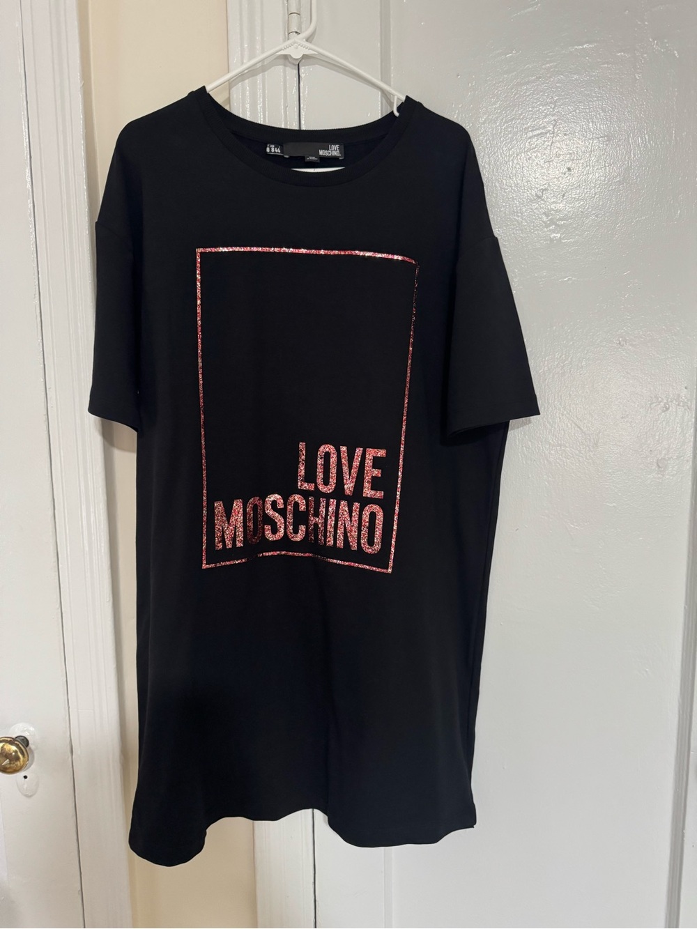 Love Moschino Black Short-Sleeve Tee with Pink Glitter Logo Frame